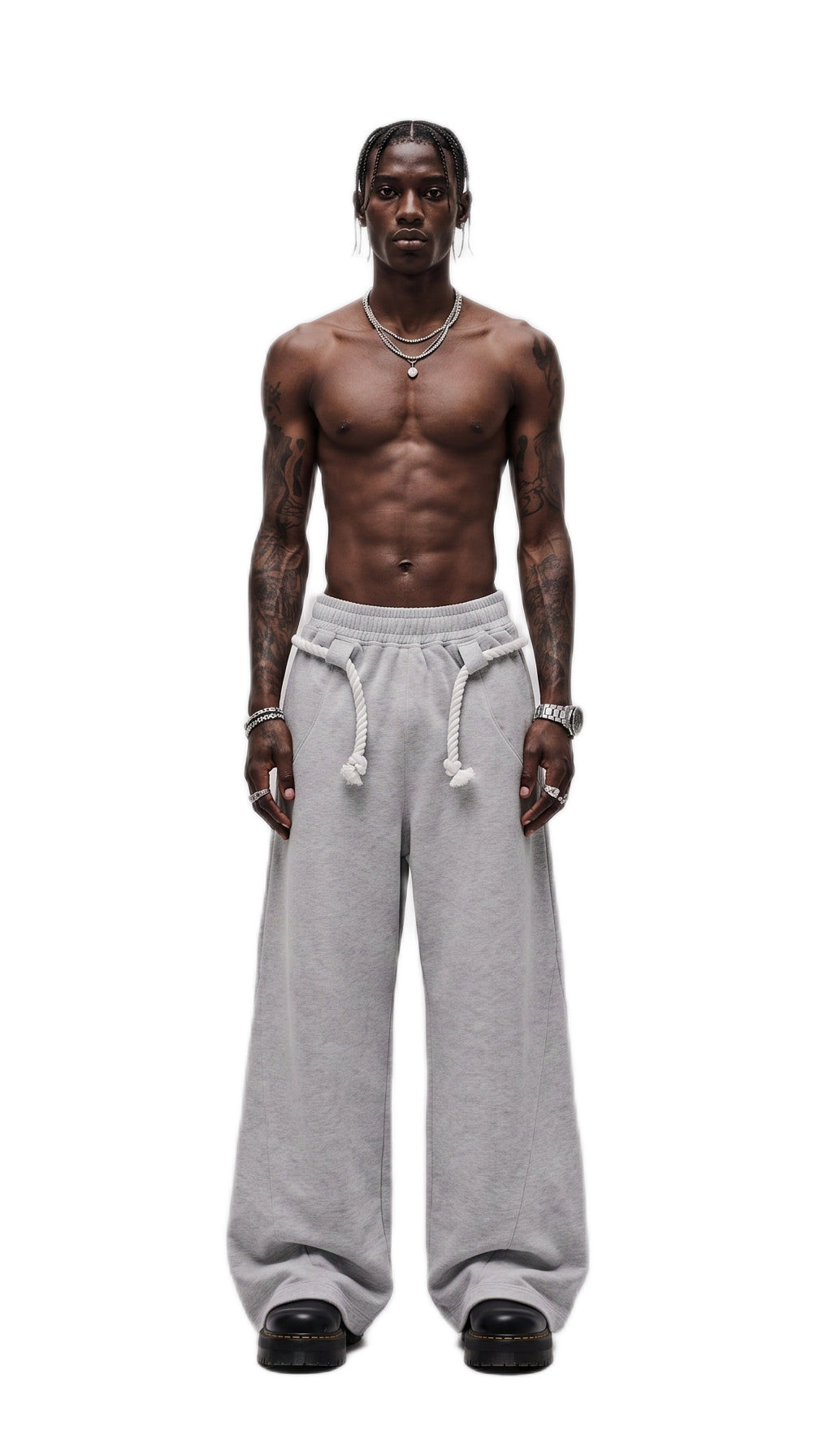 Heather Gray Rope Detail Wide-Leg Sweatpants